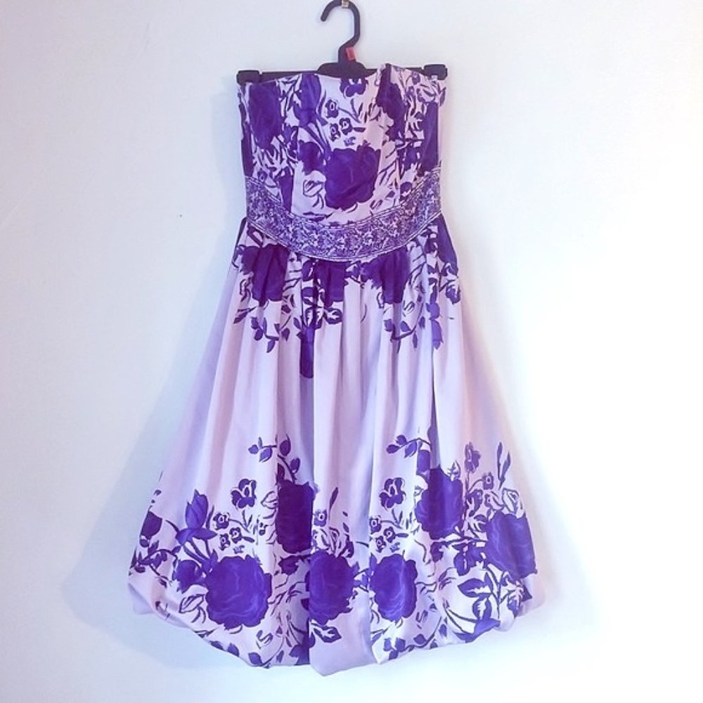NEW Lavender Purple Floral Beaded Satin Strapless Rose Dress | Size S